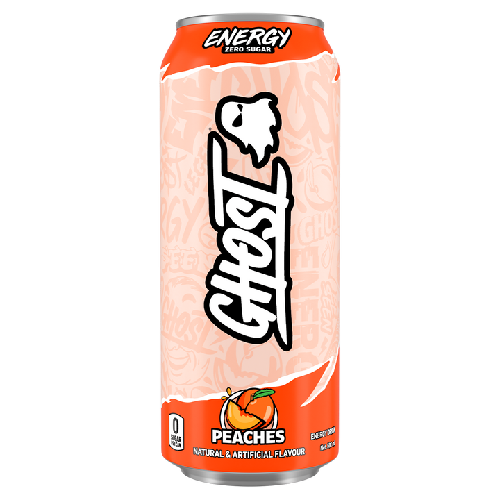 GHOST Energy RTD Peaches 500mL orange can with peach fruit graphic and zero sugar label
