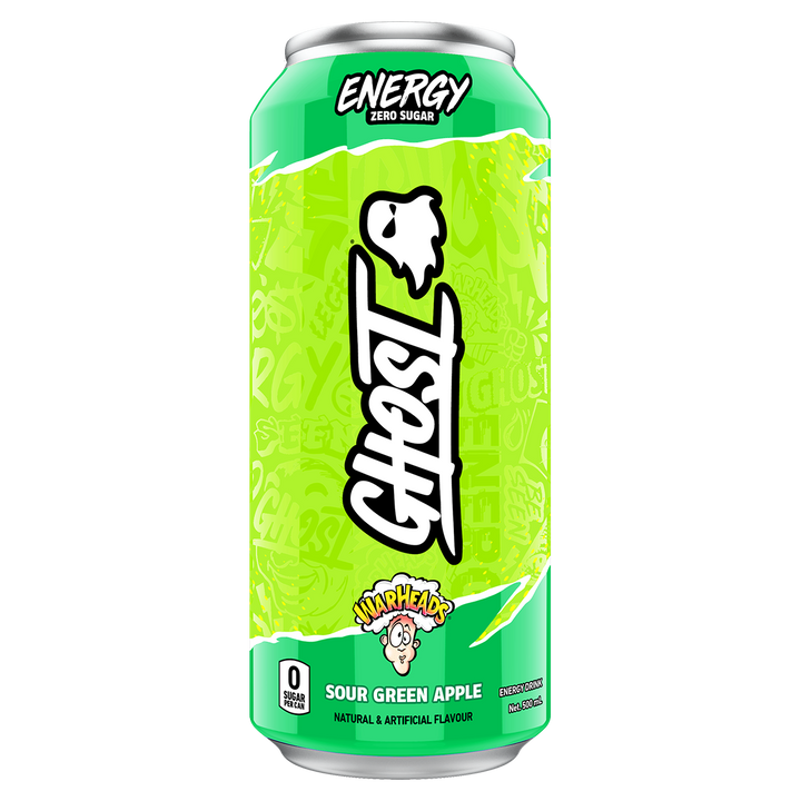 GHOST Energy RTD Warheads Sour Green Apple 500mL green can with Warheads logo and apple artwork