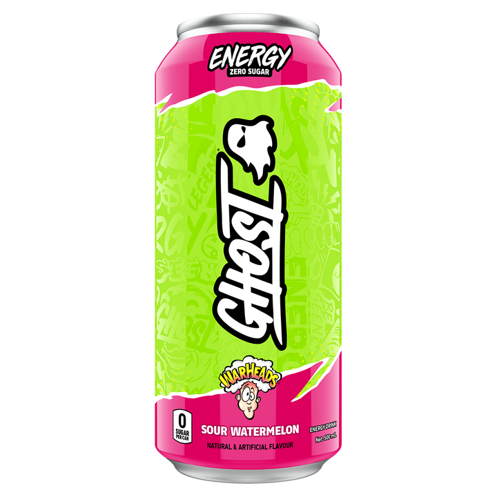 GHOST Energy RTD Warheads Sour Watermelon 500mL pink and green can with Warheads candy branding