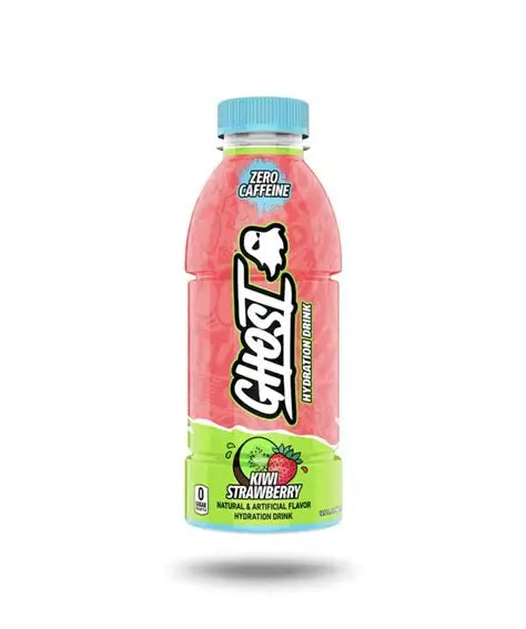 GHOST Hydration RTD Kiwi Strawberry 473mL bottle with pink and green label showing zero caffeine and zero sugar