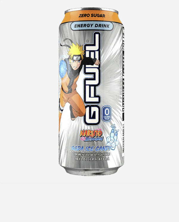 G Fuel Energy Drink Naruto Shippuden Soda Ice Candy 473mL silver can featuring anime character design and zero sugar label