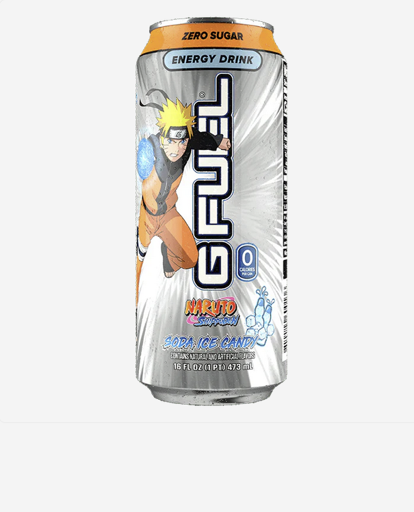 G Fuel Energy Drink Naruto Shippuden Soda Ice Candy 473mL silver can featuring anime character design and zero sugar label