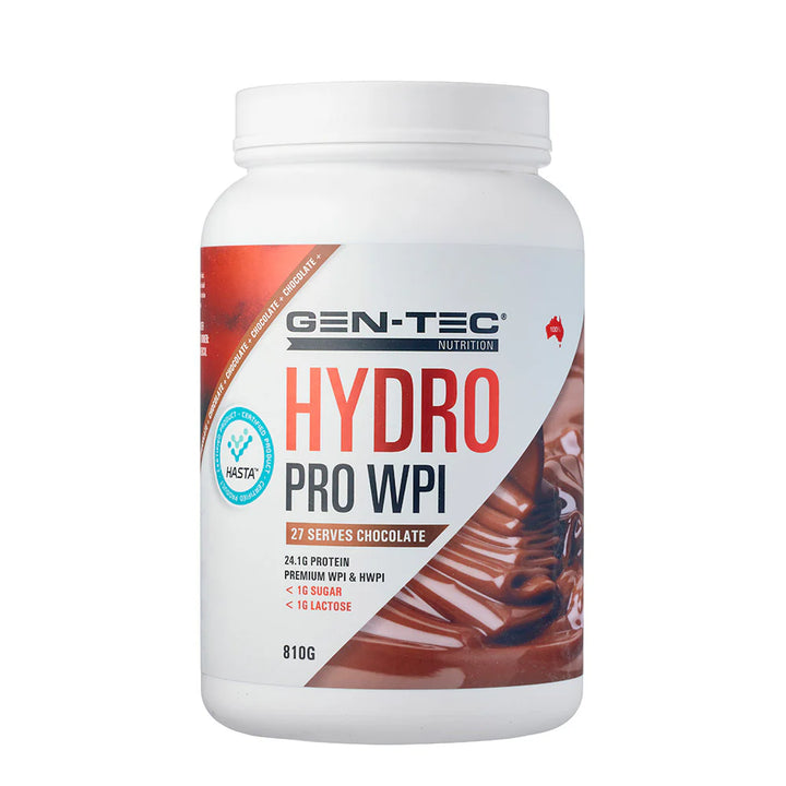 Front view of Gen-Tec Nutrition Hydro Pro WPI Chocolate protein powder 27 serves tub with branding and label