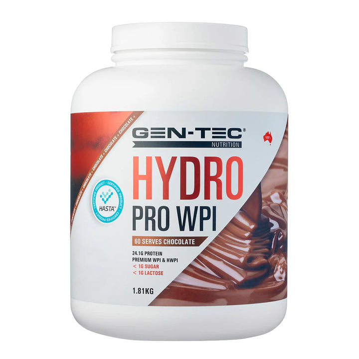 Front view of Gen-Tec Nutrition Hydro Pro WPI Chocolate protein powder 60 serves tub with branding and label