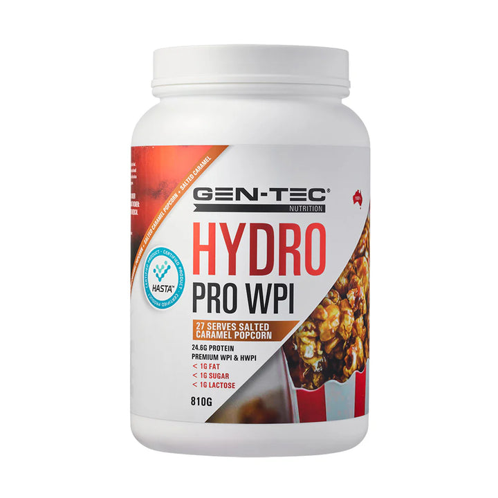 Front view of Gen-Tec Nutrition Hydro Pro WPI Salted Caramel Popcorn protein powder 27 serves tub with branding and label