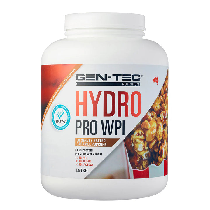 Front view of Gen-Tec Nutrition Hydro Pro WPI Salted Caramel Popcorn protein powder 60 serves tub with branding and label