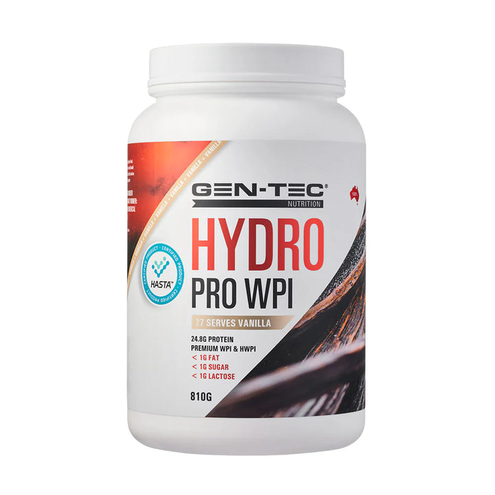 Front view of Gen-Tec Nutrition Hydro Pro WPI Vanilla protein powder 27 serves tub with branding and label