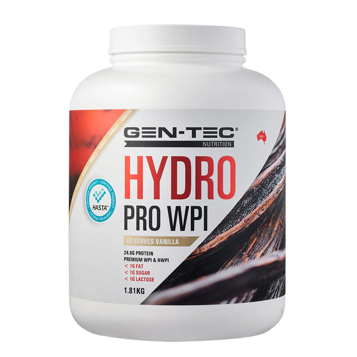 Front view of Gen-Tec Nutrition Hydro Pro WPI Vanilla protein powder 60 serves tub with branding and label