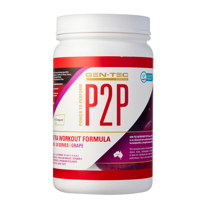 A container of GEN-TEC NUTRITION P2P Advanced Intra Workout Formula, which is a vegan supplement primarily for bodybuilders and strength training athletes.