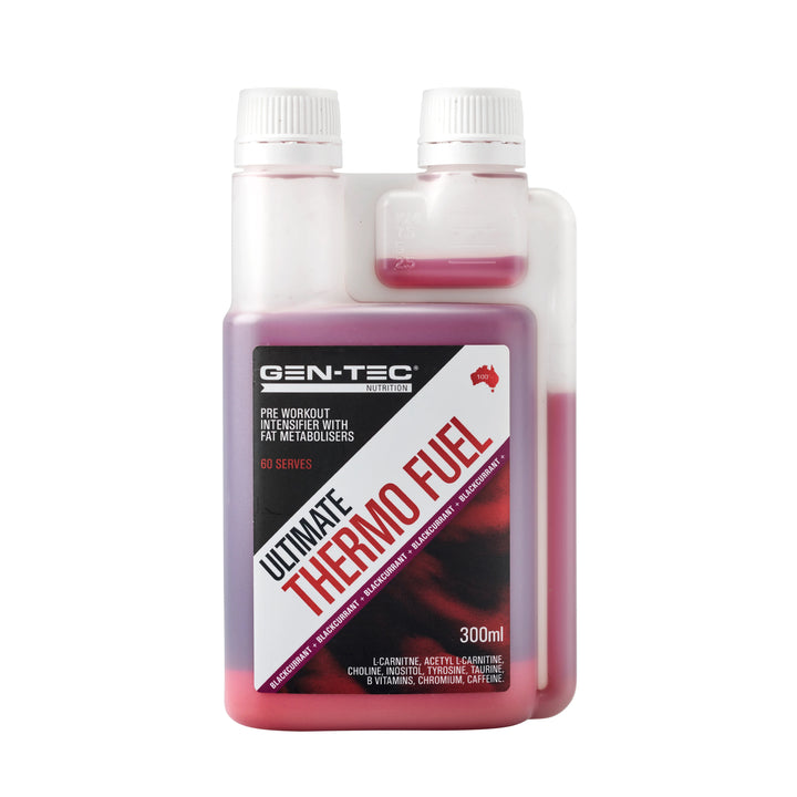 Front view of Gen-Tec Nutrition Ultimate Thermo Fuel 300ml bottle with dual chamber lid and product label