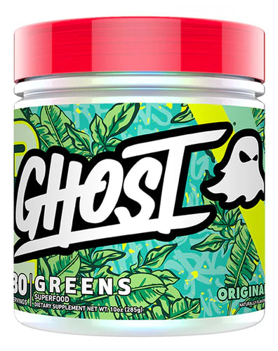 Ghost Lifestyle Greens Original Lime 285g tub with green leaf artwork and red lid containing 30 serves of superfood blend