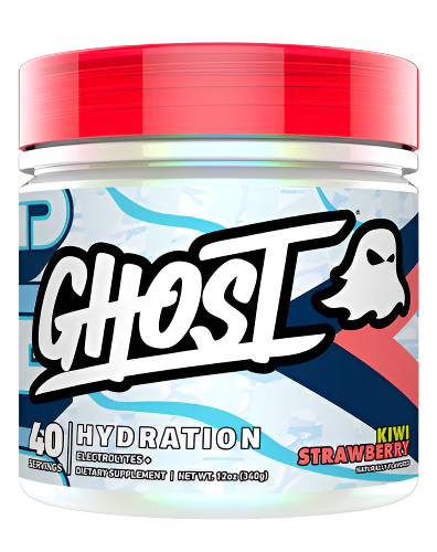 A container of Ghost Lifestyle Hydration supplement in lemon crush flavor, primarily white with red lid and graphic elements including the brand's logo.