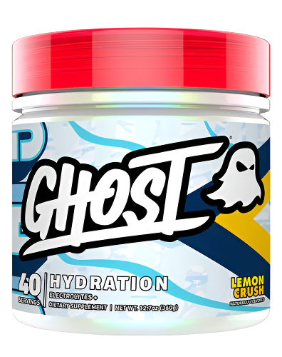 A container of Ghost Lifestyle Hydration supplement in lemon crush flavor, primarily white with red lid and graphic elements including the brand's logo.