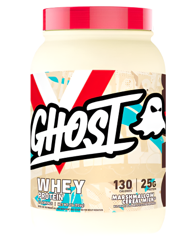 Ghost Lifestyle Whey Protein tub featuring Marshmallow Cereal Milk flavour with cream and red label design on white background