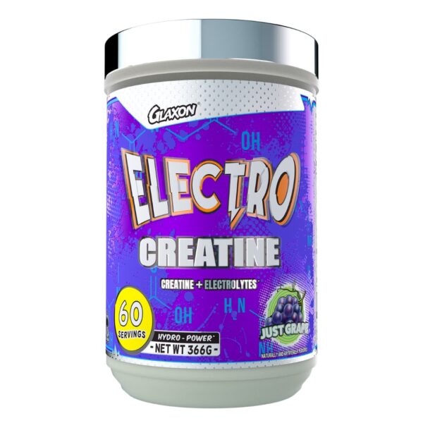 A container of Glaxon Electro Creatine with a purple and white color scheme, featuring the brand logo and product information.