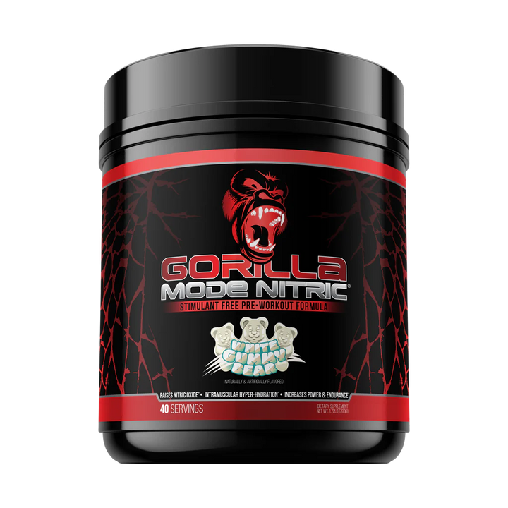 Front view of Gorilla Mode Nitric pre-workout tub in White Gummy Bear flavour with branding and label