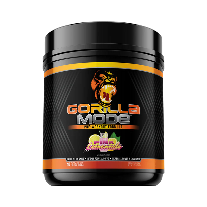 Front view of Gorilla Mode Pre Workout tub in Pink Lemonade flavour with branding and label