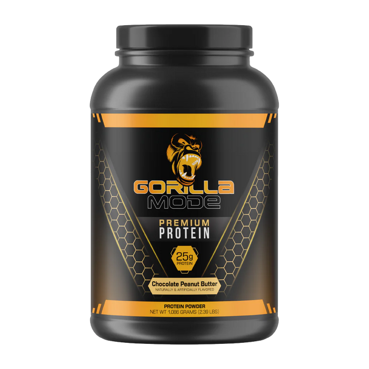 Front view of Gorilla Mode Premium Protein 1086g tub in Chocolate Peanut Butter flavour with branding and label