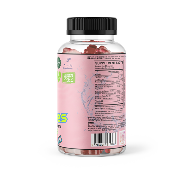 Supplement bottle with pink label on a white background