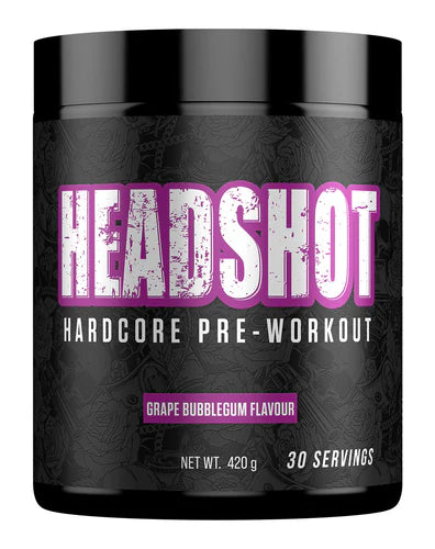 Headshot Pre-Workout 420g grape bubblegum tub showing purple design and 30 servings