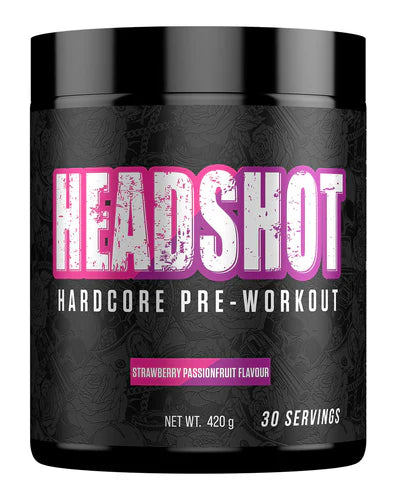 Headshot 420g pre-workout strawberry passionfruit tub pink design 30 servings energy boost