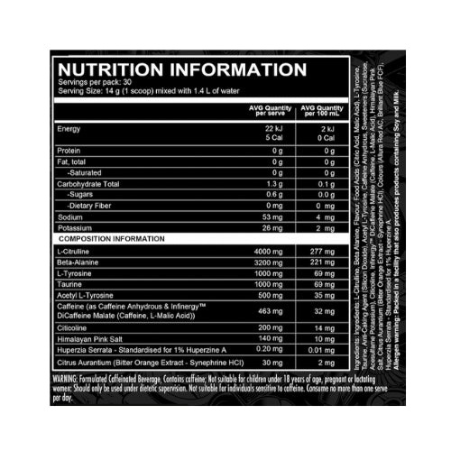 Supplement panel showing 4000mg citrulline, 463mg caffeine, and nootropic blend per 14g serve