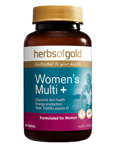 A bottle of Herbs of Gold Women’s Multi+ vitamins designed to support daily energy, skin health, and overall wellbeing for women.