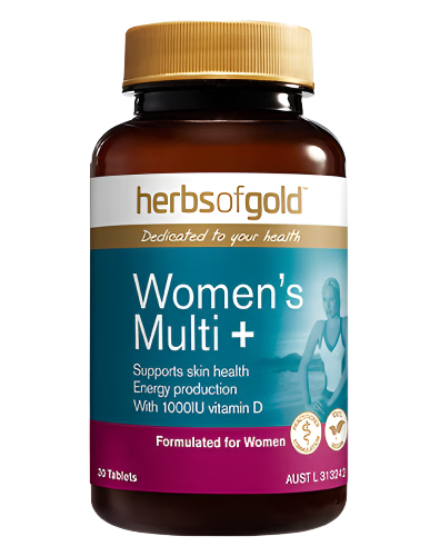 A bottle of Herbs of Gold Women’s Multi+ vitamins designed to support daily energy, skin health, and overall wellbeing for women.