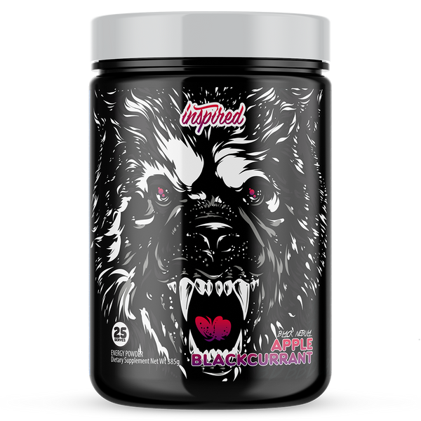 A container of Inspired DVST8 BB Pre-Workout supplement with a graphic of a growling wolf on the label, indicating the product is for energy and performance.