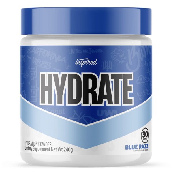 A container of Inspired Nutraceuticals Hydration Powder in blue and white color scheme, labeled 'HYDRATE' with the flavor 'Blue Raz' indicated at the bottom.