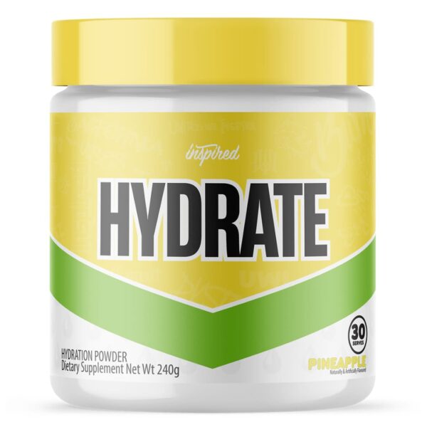 A container of Inspired Nutraceuticals Hydration Powder in yellow and green color scheme, labeled 'HYDRATE' with the flavor indicated at the bottom.
