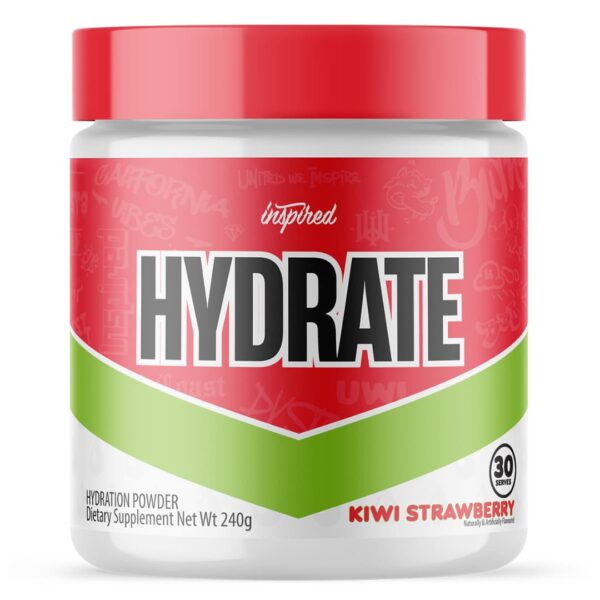 A container of Inspired Nutraceuticals Hydration Powder in red and green color scheme, labeled 'HYDRATE' with the flavour indicated at the bottom.