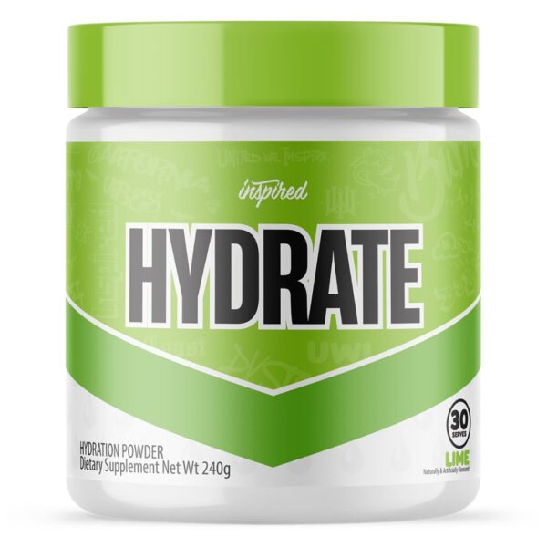 A container of Inspired Nutraceuticals Hydration Powder in green and white color scheme, labeled 'HYDRATE' with the flavor indicated at the bottom.