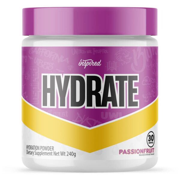 A container of Inspired Nutraceuticals Hydration Powder in purple and yellow color scheme, labeled 'HYDRATE' with the flavour indicated at the bottom.