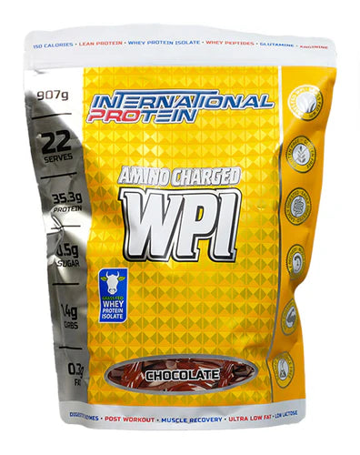 Yellow bag of International Protein Amino Charged WPI with chocolate flavor on a white background