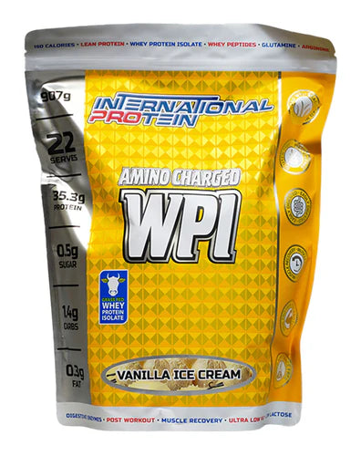 Yellow bag of International Protein WPI powder with vanilla ice cream flavor text.