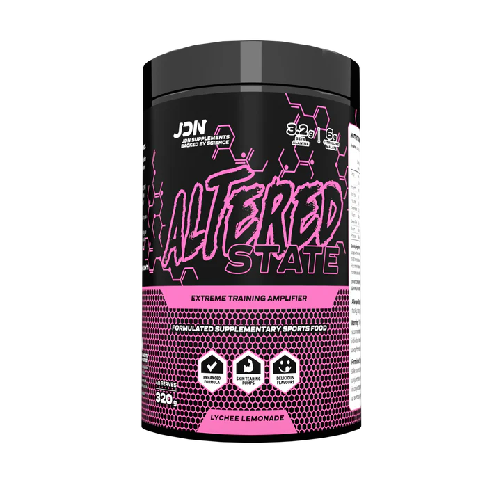 JDN Altered State pre-workout lychee lemonade tub 320g extreme training supplement