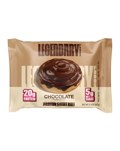 Legendary Foods Protein Sweet Roll in Chocolate flavour with brown packaging showing 20g protein and 5g net carbs
