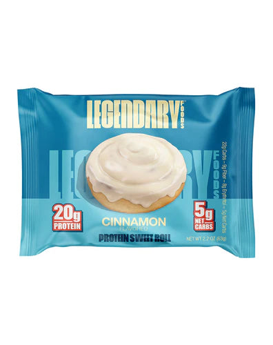 Legendary Foods Protein Sweet Roll in Cinnamon flavour with blue packaging showing 20g protein and 5g net carbs