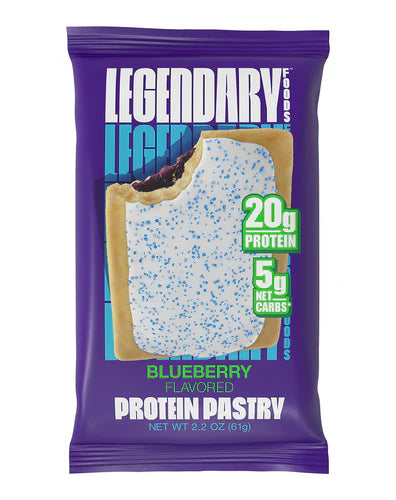 Purple package of Legendary Foods Blueberry Flavored Protein Pastry with a blueberry filling.