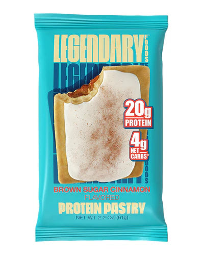 Protein pastry package with blue packaging and text highlighting protein and carb content.