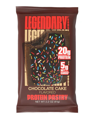 Protein pastry package with chocolate cake flavor and nutritional information on a white background