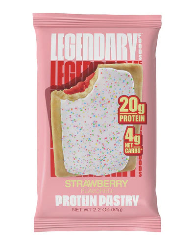 Pink package of Strawberry Protein Pastry with visible text and image on a white background