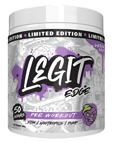 Legit Supps Edge Pre Workout tub featuring grey and purple graffiti-style label design and Geeky Grape flavour on white background