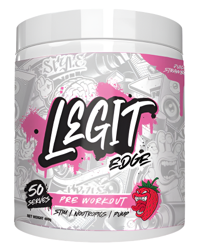Legit Supps Edge Pre Workout tub featuring grey and purple graffiti-style label design and Juicy Strawberry flavour on white background