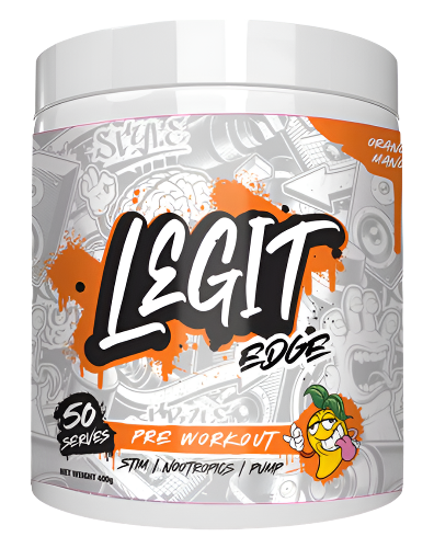 Legit Supps Edge Pre Workout tub featuring grey and orange graffiti-style label design and Orange Mango flavour on white background