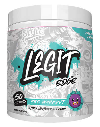 Legit Supps Edge Pre Workout tub featuring grey and blue graffiti-style label design and Passionfruit flavour on white background