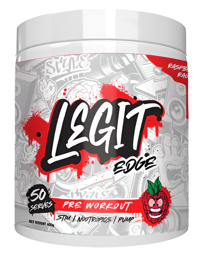 Legit Supps Edge Pre Workout tub featuring grey and Red graffiti-style label design and Raging Raspberry flavour on white background