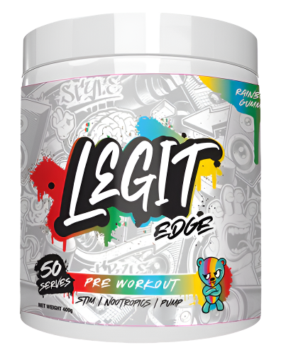Legit Supps Edge Pre Workout tub featuring grey and rainbow graffiti-style label design and Rainbow Gummy flavour on white background