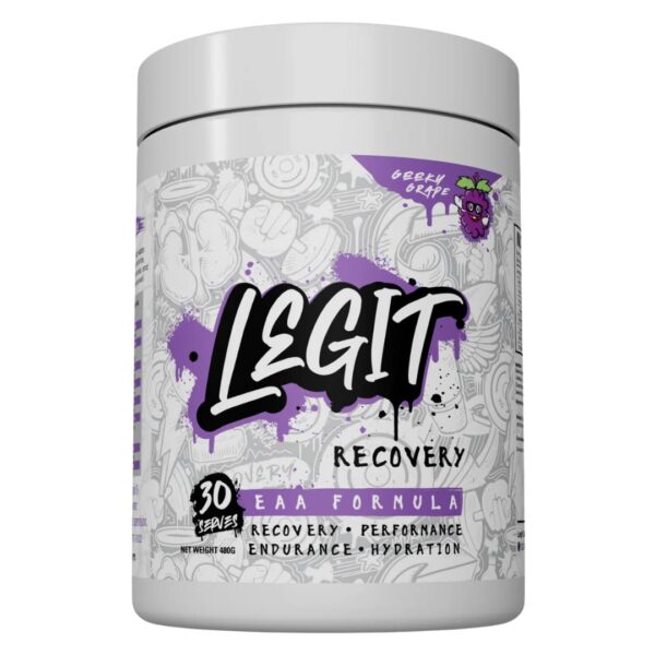 A white and purple container of Legit Supps Recovery supplement, which is an amino acid formula intended for supporting recovery and hydration.